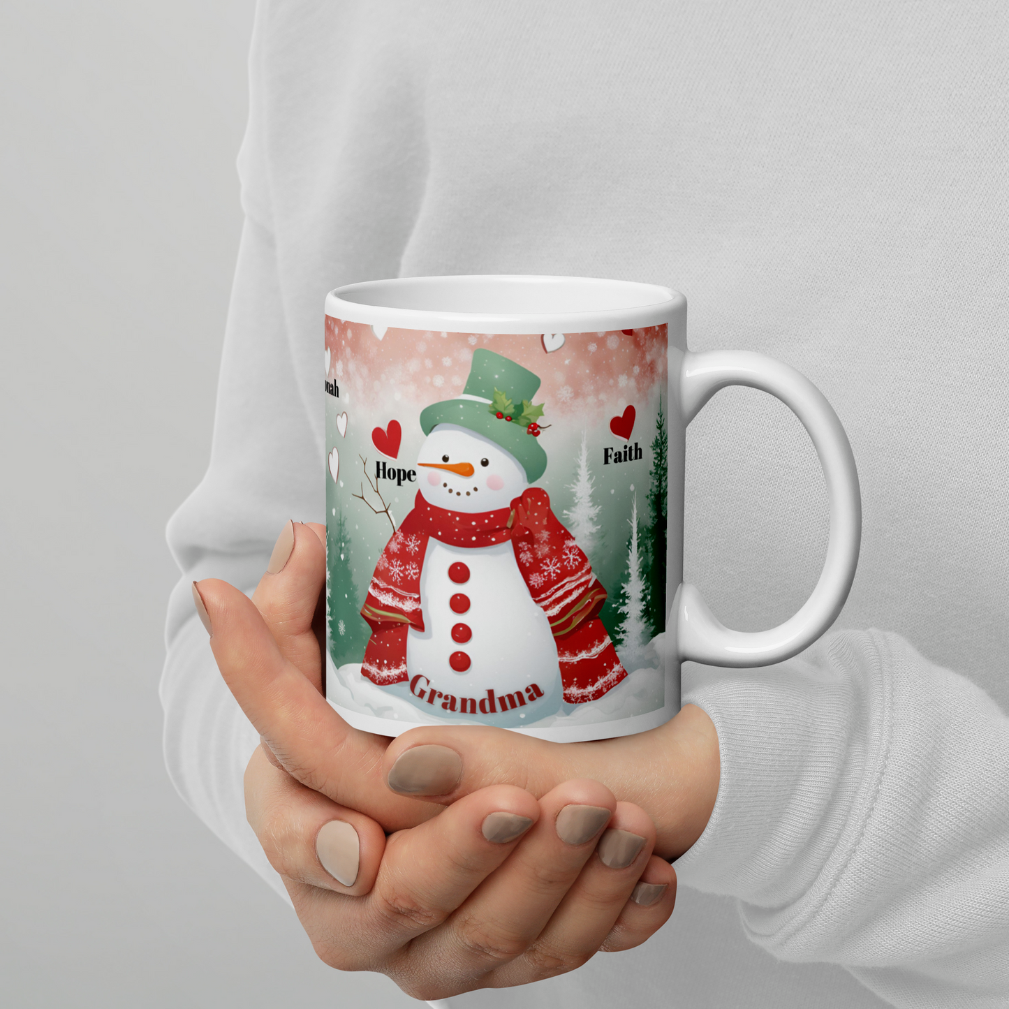 Personalized Christmas Mug - Snowman Grandma Hearts Kids