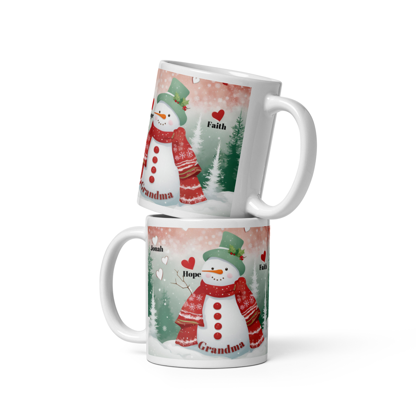 Personalized Christmas Mug - Snowman Grandma Hearts Kids