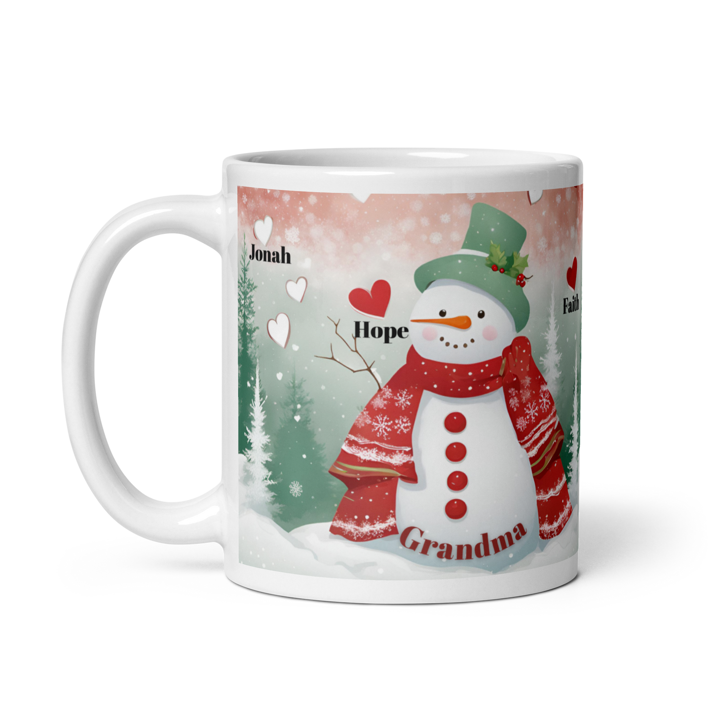 Personalized Christmas Mug - Snowman Grandma Hearts Kids